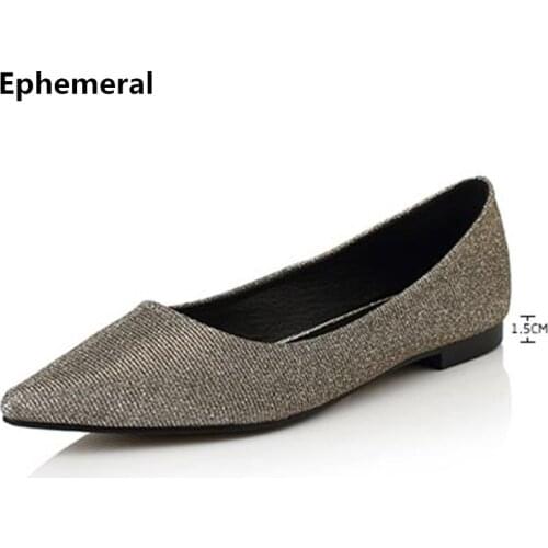 Womens Crystal Plain Flats Bling Office Elegant Slip-On Black Silver Plus Size 48 Big Feet Shoes Comfortable Pointed Toe Mujer