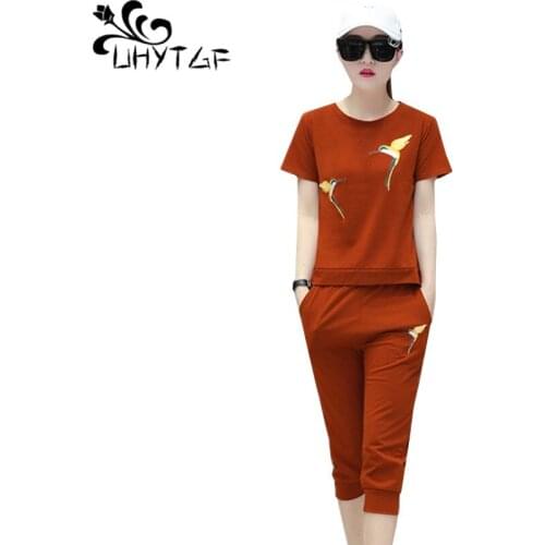 UHYTGF New summer tracksuit for women Fashion short sleeves top cropped trousers 2 piece set Loose plus size casual clothes 1339