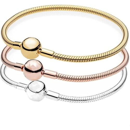 100% 925 Sterling Silver Rose Gold And Silver Ball Button Pan Bracelet Fit Charm Bracelets Jewelry