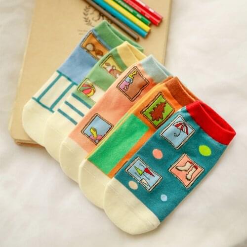 10 Piece=5 Pairs/Lot Cute Harajuku Cartoon Green Women Socks Set Funny Autumn Low Cut Shoes Short Sock Happy Girls Student
