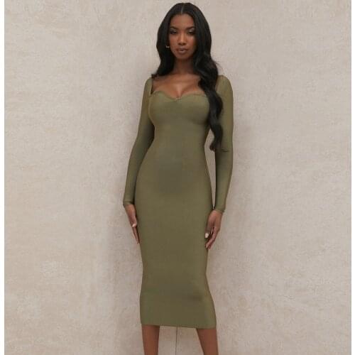 BEAUKEY New Sexy Ladies Army Green Mid Length Full Sleeve Bandage Dress Backless Bodycon V-Neck Party Evening Club Vestido XL