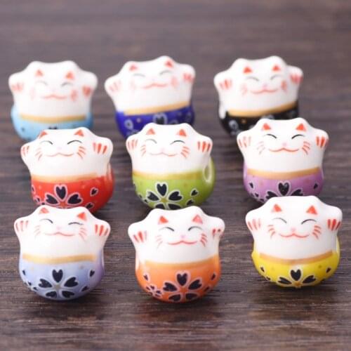 5pcs Fortune Cat Raise Claws 14mm Ceramic Porcelain Loose Beads for Jewelry Making DIY Crafts Findings