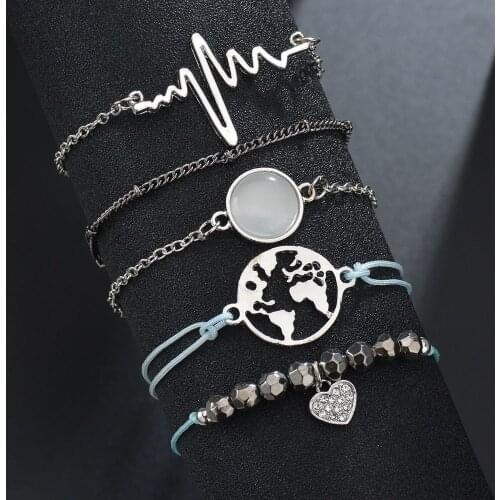 1 set of popular simple ECG black beads map bead chain 5 piece suit womens open bracelet jewelry directly