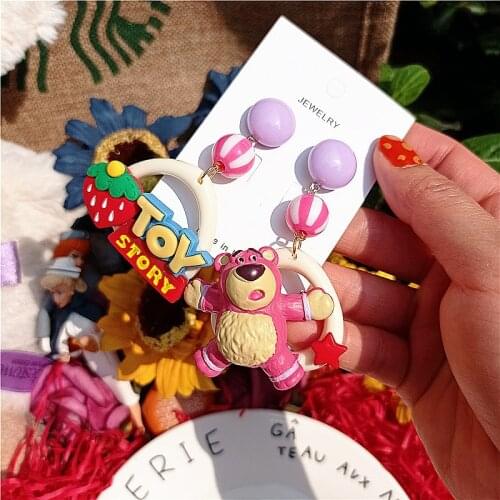 Disney Childrens Makeup Toys Cute Pooh Earrings Toy Story Strawberry Bear Earrings Cartoon Tigger Earring Girls Toys Fashion