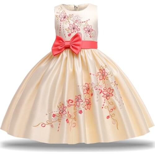 Flower Kids Embroidery Dress For Girl Children Costume Party Bow Princess Dresses Evening Vestido Baby Girls Clothing 8 10 Years