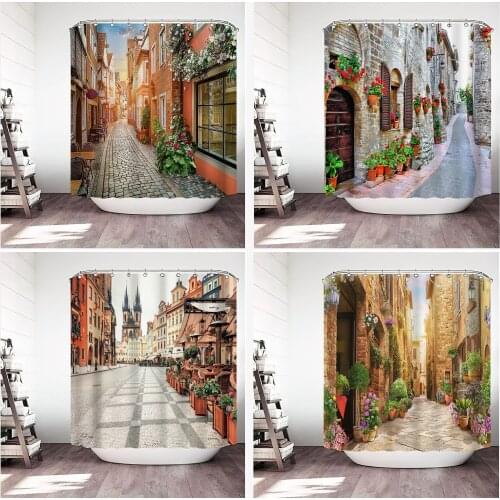 European Town Print Shower Curtain Set Home Decoration Bathroom Curtains Fabric Waterproof Polyester With Hook YL-0042