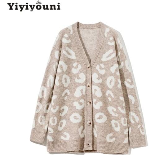 Yiyiyouni Autumn Winter Oversized Leopard Sweater Cardigan Women Casual V-neck Knitted Sweaters Women Single Breasted Jumper