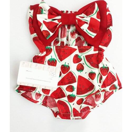 Newborn Infant Baby Girl Lovely Summer Bodysuits Watermelon Print Bowknot Sleeveless Cotton Jumpsuits