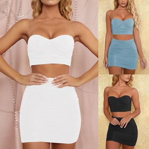 Ruched Bodycon Two Piece Set Dress Women Sexy Strapless Crop Tops and Mini Dress