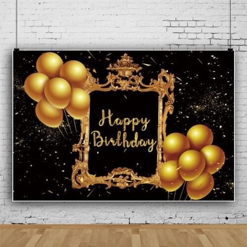 Laeacco Happy Birthday Party Gold Balloons Glitters Black Background Banner Portrait Personalized Poster Photography Backdrops
