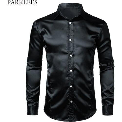 Black Slim Fit Silk Dress Shirt Men 2018 Satin Smooth Men Tuxedo Shirt Business Wedding Prom Male Casual Shirt Chemise Homme Xxl