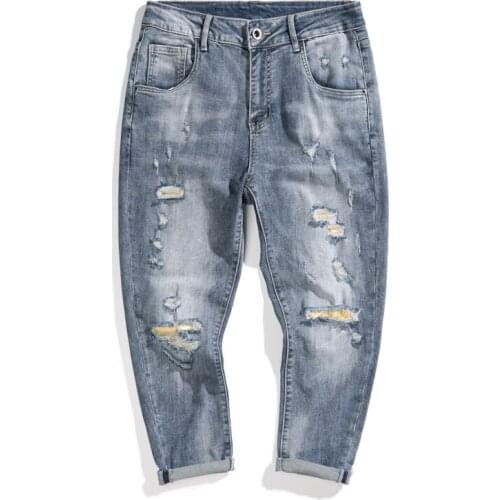 Ripped Jeans Men Blue Stretch Capris Pants Distressed Frayed Mens Jeans Pants Ankle Length Trousers Begger Destroyed Baggy Pants