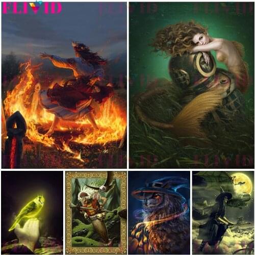 Witchcraft Magic world wall art canvas painting Dancing witches and mermaids poster and print for living room decor unframed