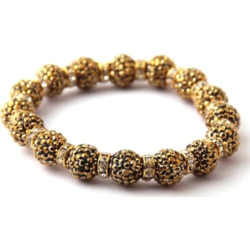 New arrival women 10mm shiny gold disco pave ball with crystal spacers lady stretch bracelet