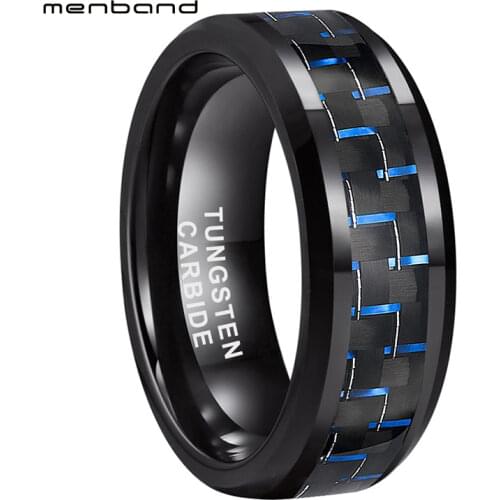 Black Men Women Ring Tungsten Wedding Ring With Black+Blue Carbon Fiber Inlay Width 8MM Comfort Fit