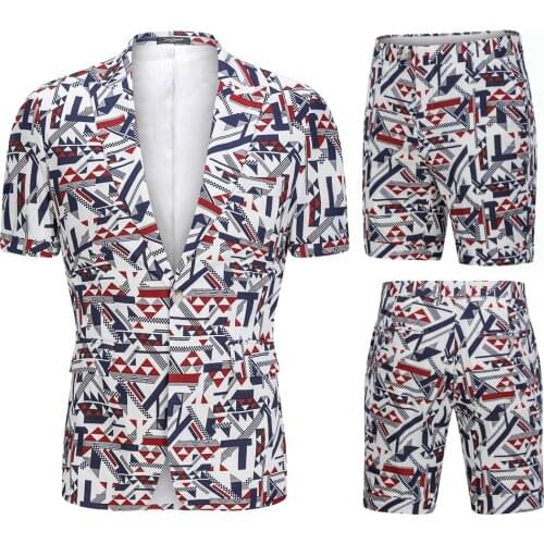 Casual Short Sleeved Summer Men Suit 2pcs Fashion Printing Blazers+ Shorts Slim Fit Plus Size Safari Suit Male Costume Beach Set