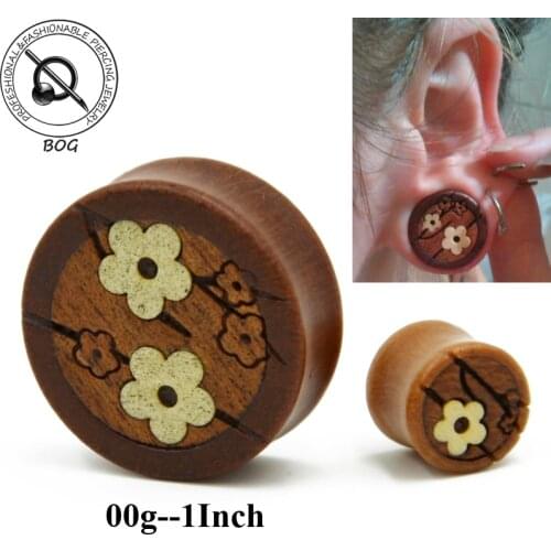 BOG-1 Pair Organic Wood Ear Tunnels Plugs Handmade Carved Painted Flower Ear Gauges Expanders Piercing Taper Stretcher