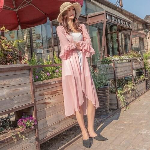 XXXL Summer Kimono Cardigan Pink white Women Korean Flare Sleeve Ruffles Chiffon Blouse Long Shirt Women Street Cardigans