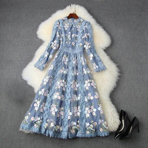 Seifrmann Summer Women Fashion Designer Party Midi Dress Lace Embroidery Hollow Out Long Sleeve Printed Ladies A-Line Dresses