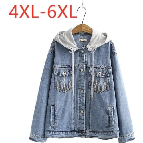 New ladies autumn winter plus size denim hoodie jacket for women large loose long sleeve blue cotton pocket coat 4XL 5XL 6XL