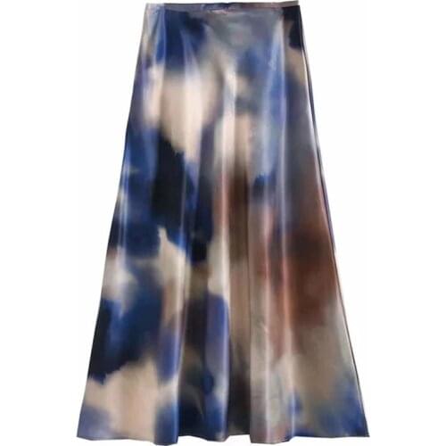Nlzgmsj Za Women 2021 Autumn Women England Style Tie Dye High Waist Midi Long Pleated Skirt Female 202108