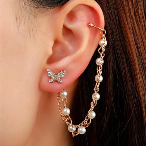 Modyle Simple Fashion Punk Vintage Gold Color Pearl Earrings Long Dangle Alloy Crystal Butterfly Ear Cuff Jewelry for Women