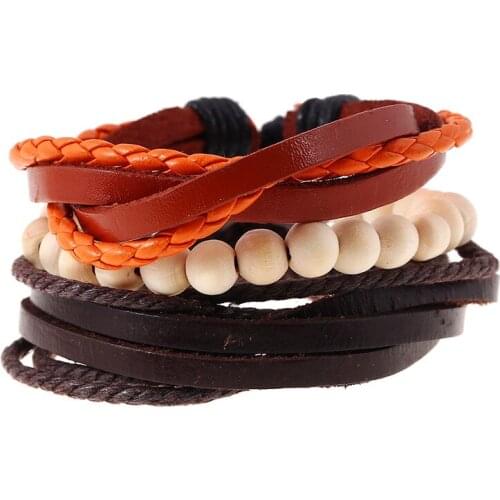 3Pcs/Set Hippie Punk Beige Wooden Bead Cord Wrap Black Dark Brown Leather Adjustable Macrame Stackable Bracelets Set For Man