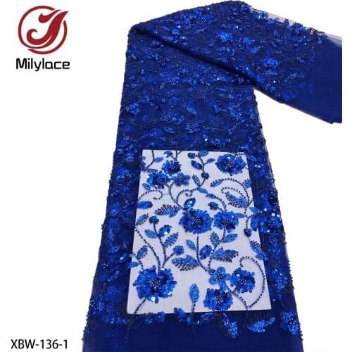 African Net Mesh Tulle Lace Top Selling Bead Tube Sequins Embroidery Lace Fabrics for Nigerian Evening Party Sewing XBW-136