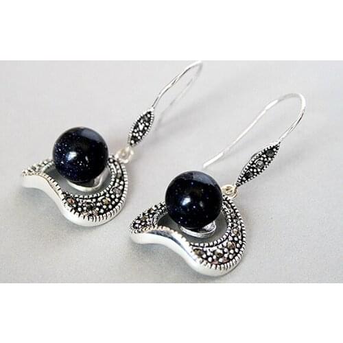 Free shipping VINTAGE 925 SILVER 10MM BLUE SAND STONE BEADS MARCASITE HOOK EARRINGS 11/2"