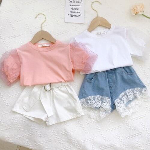 2020 Summer New Korean Girl Suit Kids Solid Mesh Stitching Short-sleeved T-shirt + Shorts Two-piece Suit Toddler Girl Lovely Set
