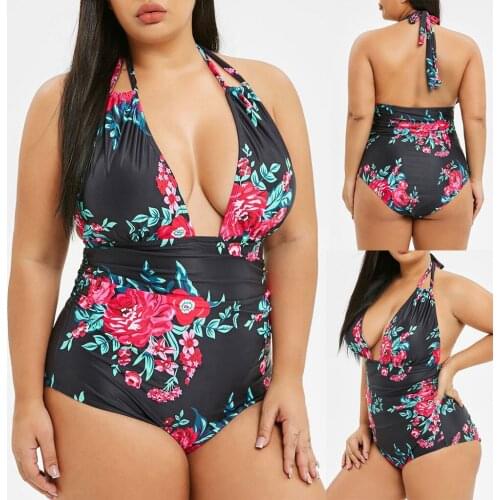 5XL Swimsuit Women One Piece Padded Swimwear Plus Size Floral Print Open Back Swimsuit Bikini Купальник Больших Размеров