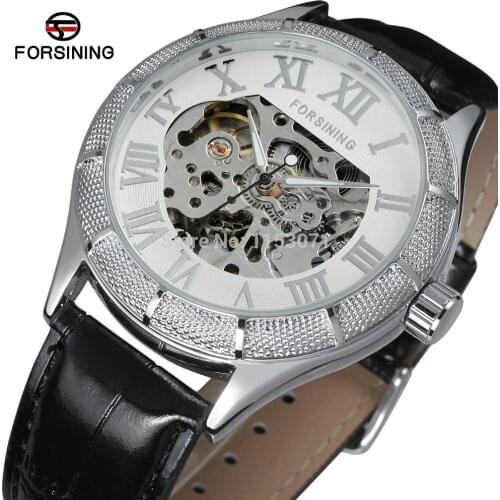 Fashion watch with silver skeleton dial alloy case black genuine leather for men of the Forsining orologio FSG8085M3S2