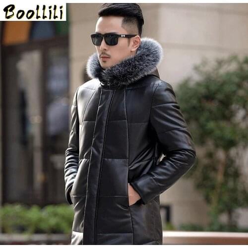 Boollili Winter Leather Jacket Men Duck Down Long Coat Male Fox Fur Collar Second Layer of Sheepskin Coat Outwear