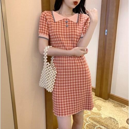 Plaid Straight Short Sleeve Dresses Women Summer Mini Sweet Dress For Girls KK7056
