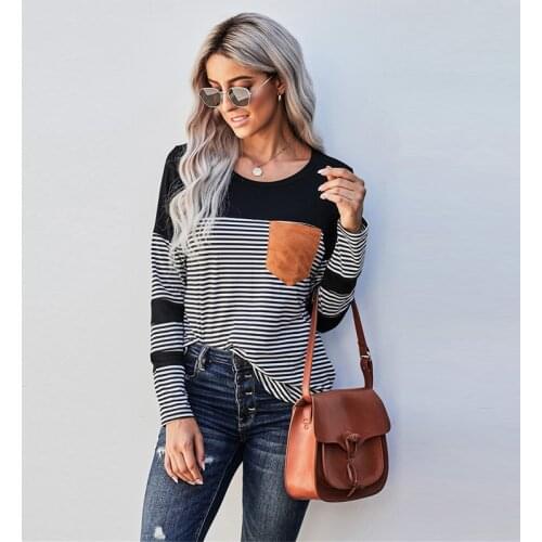 Striped Pocket T Shirt Long Sleeve Top 2021 Spring Autumn Women Tee Shirts Casual O-neck T-shirt Female Loose Tops Patchwork Tee