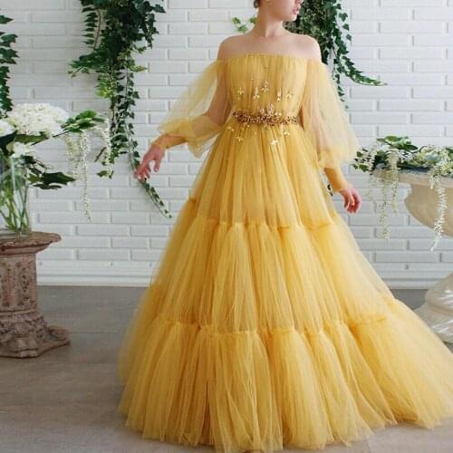 Stunning Yellow Long Puff Sleeve Evening Dresses A Line Beaded Long Prom Dresses Pleated Tulle Formal Prom Party Gowns 2021