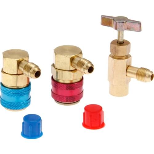 R134a High Low Side Quick Couplers Can Tap + Valves Core For Charging Recovery With AC R12 R22 Manifold Gauge 1/2" ACME 1/4" SAE