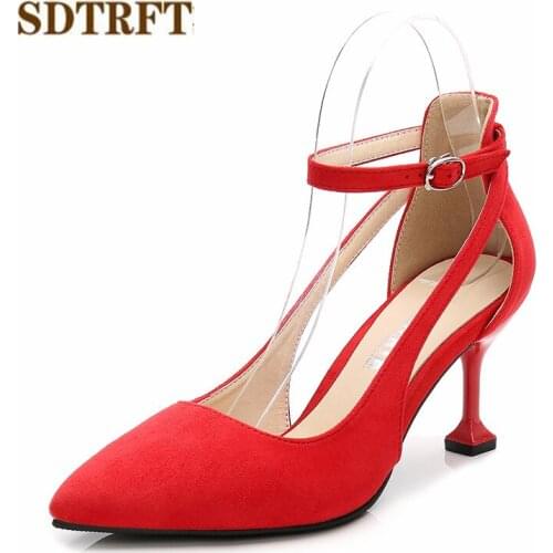 SDTRFT Fashion stilettos 7cm thin heels wedding shoes woman Pointed Toe Ankle strap Buckle Hollow out pumps Plus:35-44 45 46