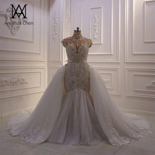 Robe mariage High Neck Cap Sleeve Champagne Detachable Skirt Wedding dress