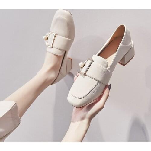 Pumps Women Shoes Chunky Heels Loafers Leather Slip on Shoes Square Toe Shoes Buckle Slides Designer Zapatos Mujer Black Apricot