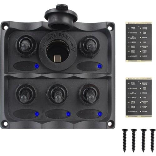 Voltmeter/Cigarette Lighter Plug Circuit Breaker Universal 5 Gang DC 12v Waterproof Car Marine LED Rocker Switch Panel