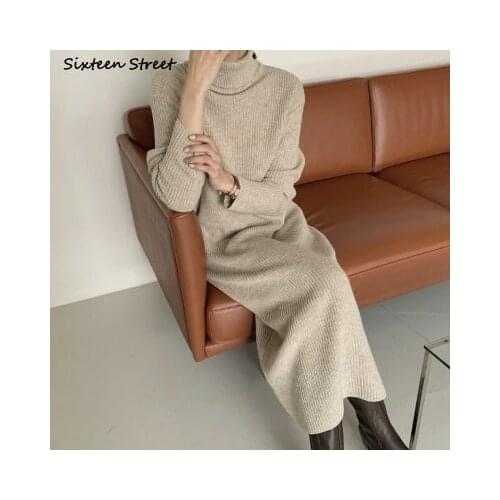Vintage Wool Maxi Dress Woman Autumn New Turtleneck Loose Elegant Knitted Vestido Dress Female Long Sweater Clothing Winter