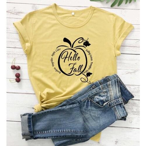 Hello Fall Pumpkin Spice Hayrides Bonfires Falling Leaves graphic women fashion pure cotton gift holiday funny t shirt young tee