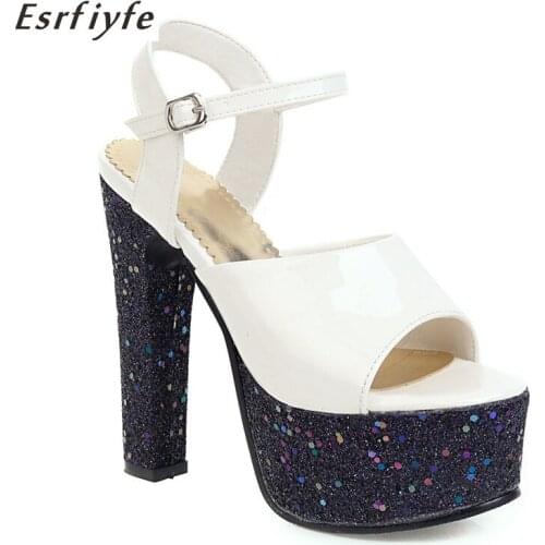 ESRFIYFE 2021 New Summer Sandals for Women Peep Toe High Heels Party Shoes Buckle Strap Black Female Footwear Large Size 31-48