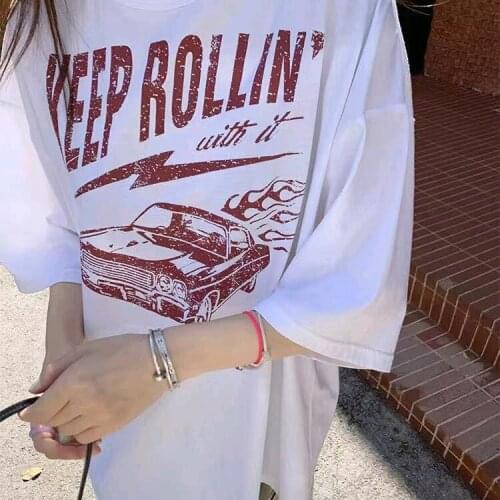 Retro Comics Cars Woman Tshirts Oversized Summer Tee Tops 2021 Streetwear O-Neck Korean Trend Fashion American Style Teens Girls