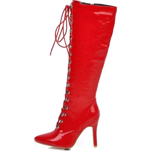 Sexy Lace-up Knee High Boots Women Fashion High Heels Female High Boots Pointed Toe Red White Party Shoes Woman Large Size 48