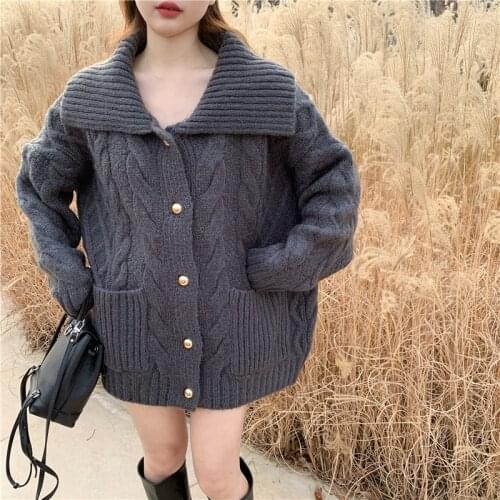 2021 New Women Winter Thicken Long Twist Knitted Sweater Coat Single Breasted Turn-down Collar Outwear Overcoat