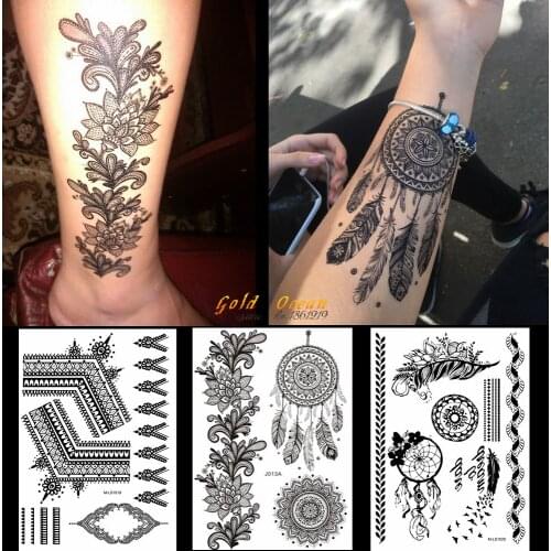 1PC Hot Black Henna Tattoo Sticker Dreamcatcher Design GBJ013 India Sunflower Large Flower Chains Wedding Pattern Tattoo Feather