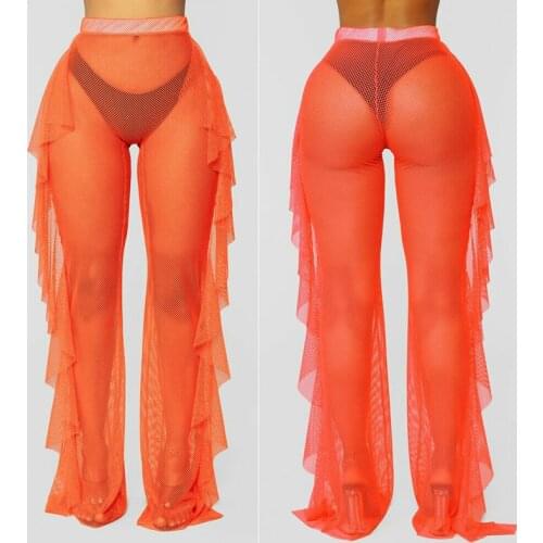 2021 Sexy Women Beach Cover Up See Through Ruffle Pants Mesh Sheer Long Trousers Bikini Cover Up Bottoms Swimsuit Swimwear