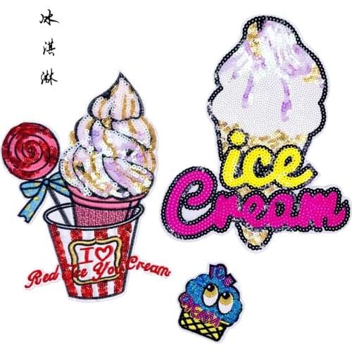 Large pink sequin ice cream patch iron On Patches for clothes DIY transfers T shirt accessories cartoon sticker Badge applique